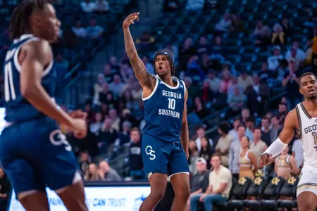 Georgia Southern graduate student center Carlos Curry (10) during the NCAA men’s basketball game between Georgia Southern and Georgia Tech at McAmish Pavillion on November 6, 2023 in Atlanta, Georgia. (Photograph by AJ Henderson / Georgia Southern Athletics)