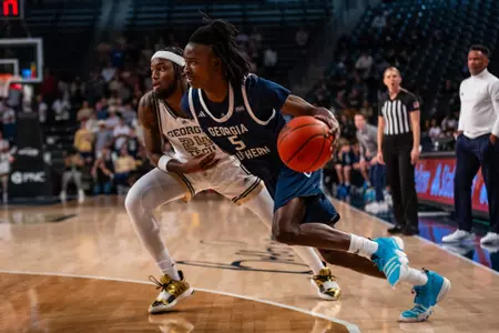 Georgia Southern redshirt sophomore guard Derrick Harris Jr. (5) during the NCAA men’s basketball game between Georgia Southern and Georgia Tech at McAmish Pavillion on November 6, 2023 in Atlanta, Georgia. (Photograph by AJ Henderson / Georgia Southern Athletics)