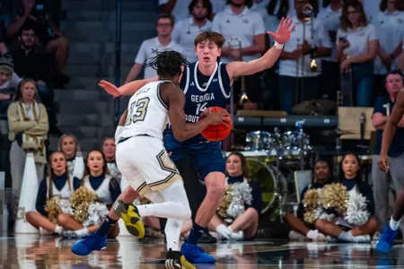 Georgia Southern freshman forward Collin Kuhl (14) during the NCAA men’s basketball game between Georgia Southern and Georgia Tech at McAmish Pavillion on November 6, 2023 in Atlanta, Georgia. (Photograph by AJ Henderson / Georgia Southern Athletics)