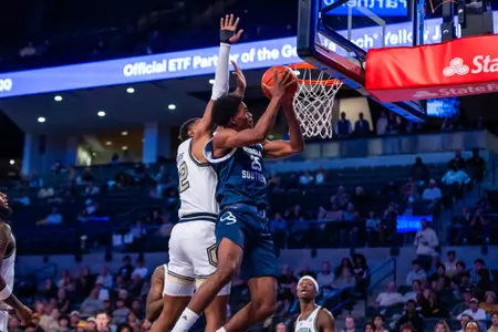 Georgia Southern freshman forward Avantae Parker (25) during the NCAA men’s basketball game between Georgia Southern and Georgia Tech at McAmish Pavillion on November 6, 2023 in Atlanta, Georgia. (Photograph by AJ Henderson / Georgia Southern Athletics)