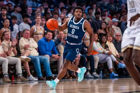 Georgia Southern redshirt senior guard Malik Tidwell (0) during the NCAA men’s basketball game between Georgia Southern and Georgia Tech at McAmish Pavillion on November 6, 2023 in Atlanta, Georgia. (Photograph by AJ Henderson / Georgia Southern Athletics)