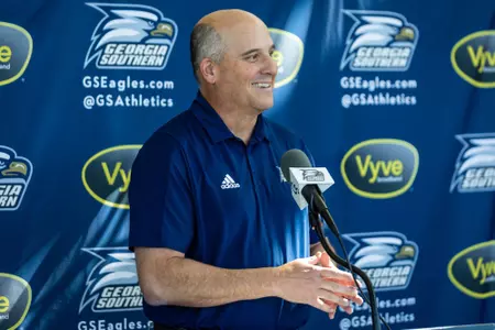 Georgia Southern Football Head Coach Clay Helton speaks with the media at Georgia Southern Football’s National Signing Day press conference at Allen E. Paulson Stadium on February 1, 2023 in Statesboro, Georgia. (Photograph by AJ Henderson / Georgia Southern Athletics)