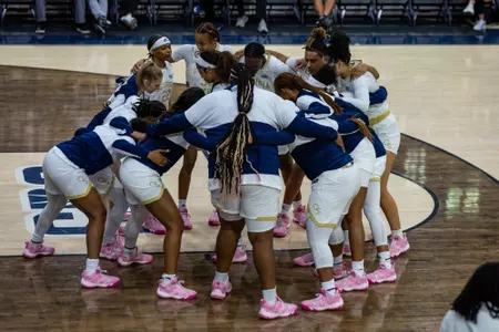 Team huddle during the NCAA women’s basketball game between Georgia Southern and Georgia State at Hanner Fieldhouse on February 2, 2023 in Statesboro, Georgia. (Photograph by AJ Henderson / Georgia Southern Athletics)