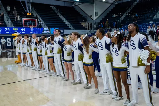 Cheerleaders during the NCAA women’s basketball game between Georgia Southern and Georgia State at Hanner Fieldhouse on February 2, 2023 in Statesboro, Georgia. (Photograph by AJ Henderson / Georgia Southern Athletics)
