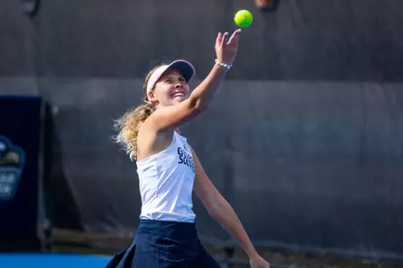 Georgia Southern junior Sophie Wagemaker during the NCAA women’s tennis match between Georgia Southern and Jacksonville State at Wallis Tennis Center on February 21, 2023 in Statesboro, Georgia. (Photograph by AJ Henderson / Georgia Southern Athletics)