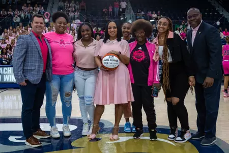 Georgia Southern women's basketball head coach Anita Howard 200th win ceremony during the NCAA women’s basketball game between Georgia Southern and Coastal Carolina at Hanner Fieldhouse on February 18, 2023 in Statesboro, Georgia. (Photograph by AJ Henderson / Georgia Southern Athletics)