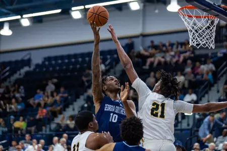 Georgia Southern redshirt senior forward Carlos Curry (10) during the NCAA men’s basketball game between Georgia Southern and Appalachian State at Hanner Fieldhouse on February 24, 2023 in Statesboro, Georgia. (Photograph by AJ Henderson / Georgia Southern Athletics)
