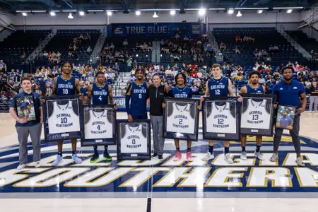 Senior Day ceremony during the NCAA men’s basketball game between Georgia Southern and Appalachian State at Hanner Fieldhouse on February 24, 2023 in Statesboro, Georgia. (Photograph by AJ Henderson / Georgia Southern Athletics)