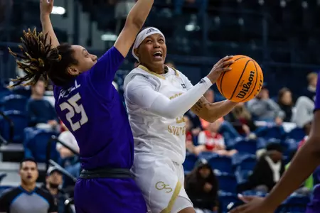 Georgia Southern senior guard Ja'nya Love-Hill (22) during the NCAA women’s basketball game between Georgia Southern and James Madison at Hanner Fieldhouse on February 4, 2023 in Statesboro, Georgia. (Photograph by AJ Henderson / Georgia Southern Athletics)