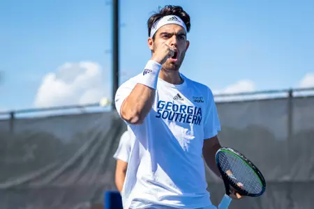 Georgia Southern senior Alexandros Roumpis during the NCAA men’s tennis match between Georgia Southern and Stetson at Wallis Tennis Center on February 19, 2023 in Statesboro, Georgia. (Photograph by Dan Groover / Georgia Southern Athletics)