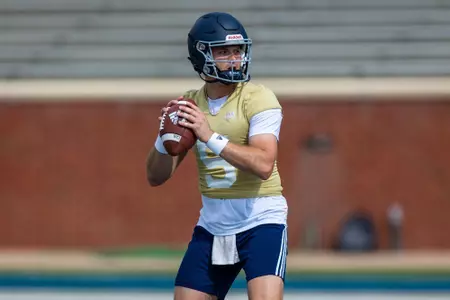 Quarterback Davis Brin during Georgia Southern Football’s opening practice of the Spring 2023 season at Allen E. Paulson Stadium on March 25, 2023 in Statesboro, Georgia. (Photograph by AJ Henderson / Georgia Southern Athletics)