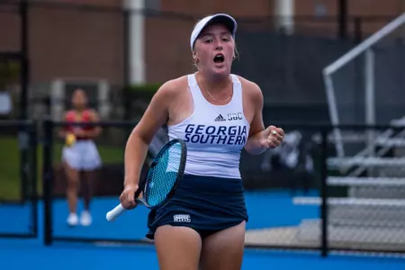Georgia Southern freshman Ana Tsitavets during the NCAA women’s tennis match between Georgia Southern and Louisiana at Wallis Tennis Center on March 26, 2023 in Statesboro, Georgia. (Photograph by AJ Henderson / Georgia Southern Athletics)