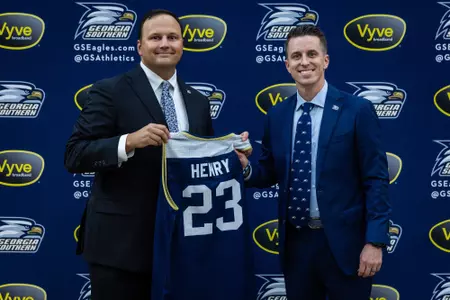 Georgia Southern Athletics introduces Men’s Basketball Head Coach Charlie Henry at Hanner Fieldhouse on March 29, 2023 in Statesboro, Georgia. (Photograph by AJ Henderson / Georgia Southern Athletics)