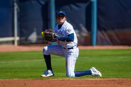 Georgia Southern sophomore infielder Faith Barth (44) during the NCAA softball game between Georgia Southern and Bryant University at Eagle Softball Field on February 18, 2023 in Statesboro, Georgia. (Photograph by AJ Henderson / Georgia Southern Athletics)