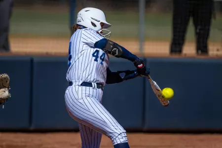 Georgia Southern sophomore infielder Faith Barth (44) during the NCAA softball game between Georgia Southern and Bryant University at Eagle Softball Field on February 18, 2023 in Statesboro, Georgia. (Photograph by AJ Henderson / Georgia Southern Athletics)