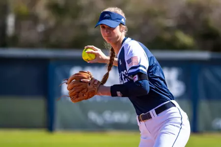 Georgia Southern junior Emily Greek (7) during the NCAA softball game between Georgia Southern and Long Island University at Eagle Softball Field on February 19, 2023 in Statesboro, Georgia. (Photograph by AJ Henderson / Georgia Southern Athletics)