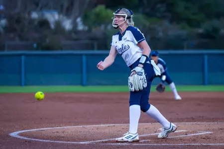 Georgia Southern freshman right-handed pitcher Bailey Holland (8) during the NCAA softball game between Georgia Southern and Long Island University at Eagle Softball Field on February 17, 2023 in Statesboro, Georgia. (Photograph by AJ Henderson / Georgia Southern Athletics)