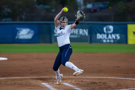 Georgia Southern freshman right-handed pitcher Bailey Holland (8) during the NCAA softball game between Georgia Southern and South Carolina at Eagle Softball Field on February 22, 2023 in Statesboro, Georgia. (Photograph by AJ Henderson / Georgia Southern Athletics)