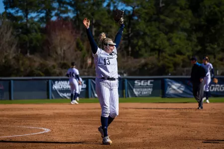 Georgia Southern redshirt freshman Morgan Kendrick (13) during the NCAA softball game between Georgia Southern and Bryant University at Eagle Softball Field on February 18, 2023 in Statesboro, Georgia. (Photograph by AJ Henderson / Georgia Southern Athletics)