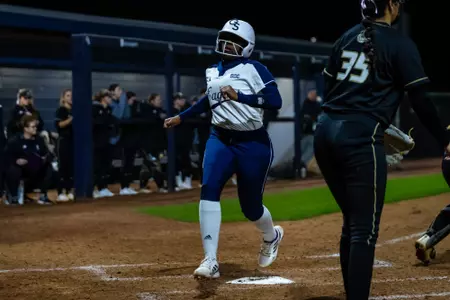 Georgia Southern infielder Janiyah Strong (17) during the NCAA softball game between Georgia Southern and Bryant University at Eagle Softball Field on February 17, 2023 in Statesboro, Georgia. (Photograph by AJ Henderson / Georgia Southern Athletics)