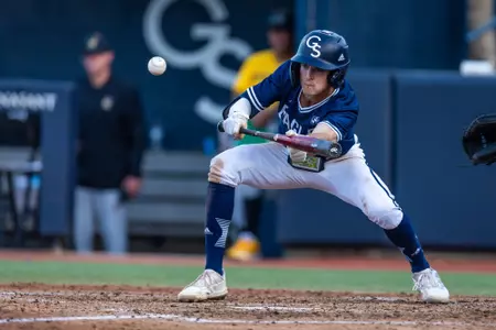 Jesse Sherrill (5) lays down a bunt during game three of the Appalachain State series. Georgia Southern would go on to win that game 19-5 in run-rule fashion and take the series over the Mountaineers.