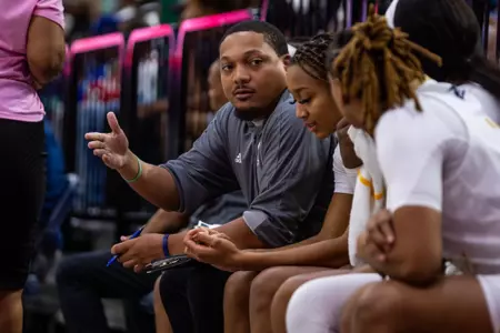 Georgia Southern women's basketball assistant coach Chris Godfrey during the NCAA women’s basketball game between Georgia Southern and Allen at Hanner Fieldhouse on November 7, 2022 in Statesboro, Georgia. (Photograph by AJ Henderson / Georgia Southern Athletics)