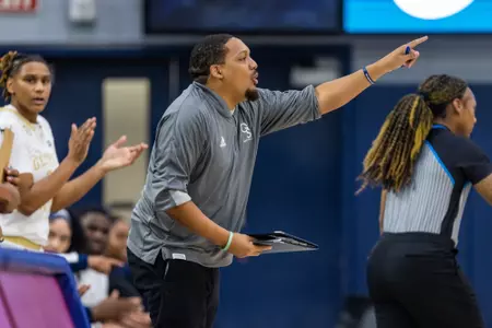 Georgia Southern women's basketball assistant coach Chris Godfrey during the NCAA women’s basketball game between Georgia Southern and Allen at Hanner Fieldhouse on November 7, 2022 in Statesboro, Georgia. (Photograph by AJ Henderson / Georgia Southern Athletics)