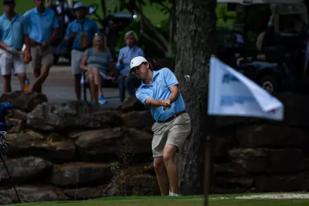 Georgia Southern freshman Parker Claxton during the third round of the 2023 NCAA Men’s Golf Salem Regional at The Cliffs at Keowee Falls on May 17, 2023 in Salem, South Carolina. (Photograph by AJ Henderson / Georgia Southern Athletics)