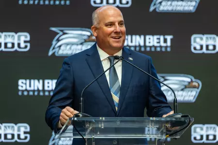 Georgia Southern head coach Clay Helton talks to the media during Sun Belt Football Media Days at Sheraton New Orleans on July 26, 2023 in New Orleans, Louisiana. (Photograph by AJ Henderson, Sun Belt Conference)