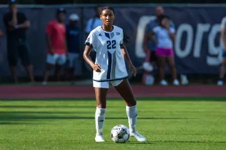 Georgia Southern defender/midfielder Jhenesis Ellerbe (22) during the NCAA women’s soccer match between Georgia Southern and Kennesaw State at Eagle Field at the Erk Russell Athletic Park on August 12, 2023 in Statesboro, Georgia. (Photograph by AJ Henderson / Georgia Southern Athletics)