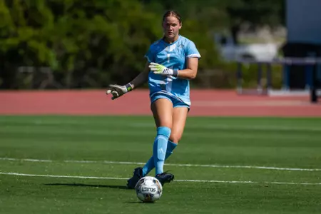 Georgia Southern goalkeeper Michaela Mikko (1) during the NCAA women’s soccer match between Georgia Southern and Kennesaw State at Eagle Field at the Erk Russell Athletic Park on August 12, 2023 in Statesboro, Georgia. (Photograph by AJ Henderson / Georgia Southern Athletics)