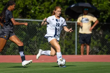Georgia Southern midfielder Meredith Pugh (19) during the NCAA women’s soccer match between Georgia Southern and Kennesaw State at Eagle Field at the Erk Russell Athletic Park on August 12, 2023 in Statesboro, Georgia. (Photograph by AJ Henderson / Georgia Southern Athletics)