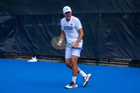 Georgia Southern freshman Aaron Williams during the NCAA men’s tennis match between Georgia Southern and Louisiana at Wallis Tennis Center on April 16, 2023 in Statesboro, Georgia. (Photograph by AJ Henderson / Georgia Southern Athletics)