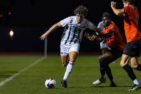 Georgia Southern men's soccer forward Jack Ireland (24) moves in to secure a contested ball in a match against the Mercer Bears on Tuesday, Sept. 19, at Eagle Field in Statesboro.