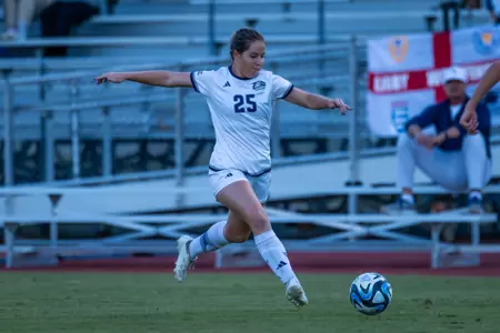 Georgia Southern midfielder/defender Peyton Free (25) during the NCAA women’s soccer match between Georgia Southern and South Alabama at Bo Pitts Field on October 18, 2024 in Statesboro, Georgia. (Photograph by AJ Henderson / Georgia Southern Athletics)