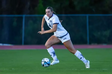 Georgia Southern defender Libby Wooffindin (16) during the NCAA women’s soccer match between Georgia Southern and Coastal Carolina at Bo Pitts Field on October 3, 2024 in Statesboro, Georgia. (Photograph by AJ Henderson / Georgia Southern Athletics)