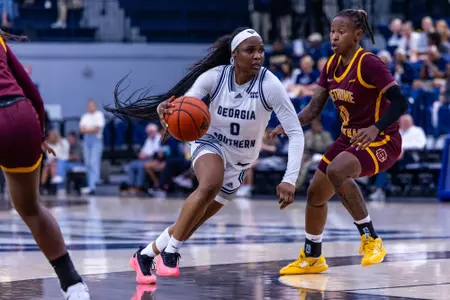Georgia Southern senior guard Bukky Akinsola (0) during the NCAA women’s basketball game between Georgia Southern and Bethune-Cookman at Hanner Fieldhouse on November 12, 2024 in Statesboro, Georgia. (Photograph by AJ Henderson / Georgia Southern Athletics)