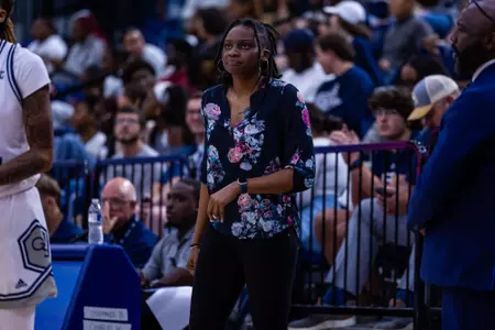 Georgia Southern women's basketball assistant coach Dee Anderson during the NCAA women’s basketball game between Georgia Southern and Bethune-Cookman at Hanner Fieldhouse on November 12, 2024 in Statesboro, Georgia. (Photograph by AJ Henderson / Georgia Southern Athletics)