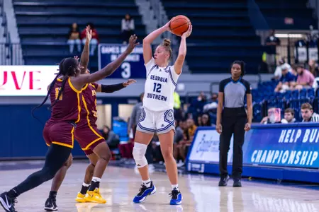 Georgia Southern sophomore forward Liv Fuller (12) during the NCAA women’s basketball game between Georgia Southern and Bethune-Cookman at Hanner Fieldhouse on November 12, 2024 in Statesboro, Georgia. (Photograph by AJ Henderson / Georgia Southern Athletics)