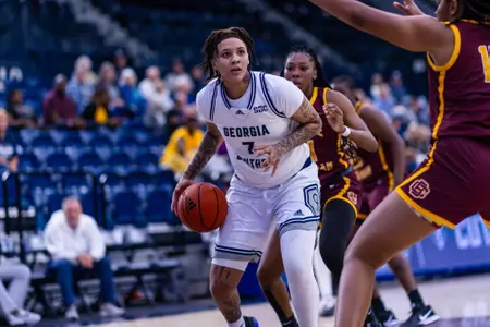 Georgia Southern sophomore center Paris Gaines (7) during the NCAA women’s basketball game between Georgia Southern and Bethune-Cookman at Hanner Fieldhouse on November 12, 2024 in Statesboro, Georgia. (Photograph by AJ Henderson / Georgia Southern Athletics)