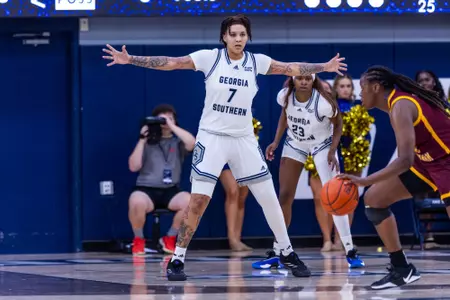 Georgia Southern sophomore center Paris Gaines (7) during the NCAA women’s basketball game between Georgia Southern and Bethune-Cookman at Hanner Fieldhouse on November 12, 2024 in Statesboro, Georgia. (Photograph by AJ Henderson / Georgia Southern Athletics)
