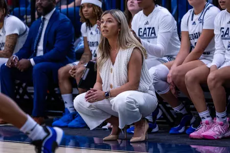 Georgia Southern women's basketball head coach Hana Haden during the NCAA women’s basketball game between Georgia Southern and Bethune-Cookman at Hanner Fieldhouse on November 12, 2024 in Statesboro, Georgia. (Photograph by AJ Henderson / Georgia Southern Athletics)