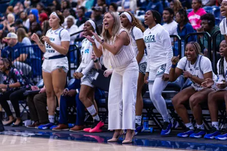 Georgia Southern women's basketball head coach Hana Haden during the NCAA women’s basketball game between Georgia Southern and Bethune-Cookman at Hanner Fieldhouse on November 12, 2024 in Statesboro, Georgia. (Photograph by AJ Henderson / Georgia Southern Athletics)