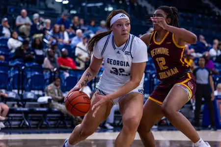 Georgia Southern senior center Leah Johnson (32) during the NCAA women’s basketball game between Georgia Southern and Bethune-Cookman at Hanner Fieldhouse on November 12, 2024 in Statesboro, Georgia. (Photograph by AJ Henderson / Georgia Southern Athletics)