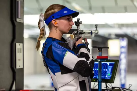 Tori Watts during the NCAA rifle match between Georgia Southern and Alaska Fairbanks at Shooting Sports Education Center on November 22, 2024 in Statesboro, Georgia. (Photograph by AJ Henderson / Georgia Southern Athletics)