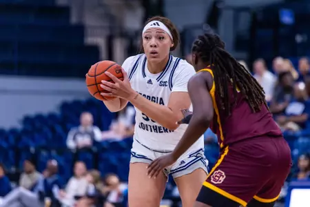 Georgia Southern senior center Leah Johnson (32) during the NCAA women’s basketball game between Georgia Southern and Bethune-Cookman at Hanner Fieldhouse on November 12, 2024 in Statesboro, Georgia. (Photograph by AJ Henderson / Georgia Southern Athletics)
