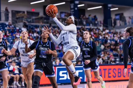 Georgia Southern senior guard Bukky Akinsola (0) during the NCAA women’s basketball game between Georgia Southern and Coastal Georgia at Jack and Ruth Ann Hill Convocation Center on December 13, 2024 in Statesboro, Georgia. (Photograph by AJ Henderson / Georgia Southern Athletics)