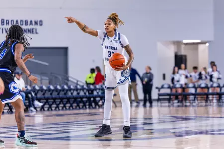 Georgia Southern senior guard McKenna Eddings (30) during the NCAA women’s basketball game between Georgia Southern and Coastal Georgia at Jack and Ruth Ann Hill Convocation Center on December 13, 2024 in Statesboro, Georgia. (Photograph by AJ Henderson / Georgia Southern Athletics)