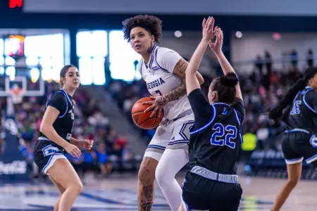 Georgia Southern sophomore center Paris Gaines (7) during the NCAA women’s basketball game between Georgia Southern and Coastal Georgia at Jack and Ruth Ann Hill Convocation Center on December 13, 2024 in Statesboro, Georgia. (Photograph by AJ Henderson / Georgia Southern Athletics)