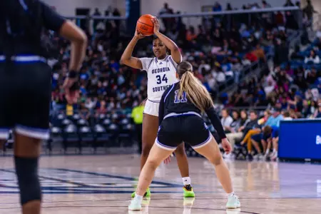 Georgia Southern senior forward Indya Green (34) during the NCAA women’s basketball game between Georgia Southern and Coastal Georgia at Jack and Ruth Ann Hill Convocation Center on December 13, 2024 in Statesboro, Georgia. (Photograph by AJ Henderson / Georgia Southern Athletics)